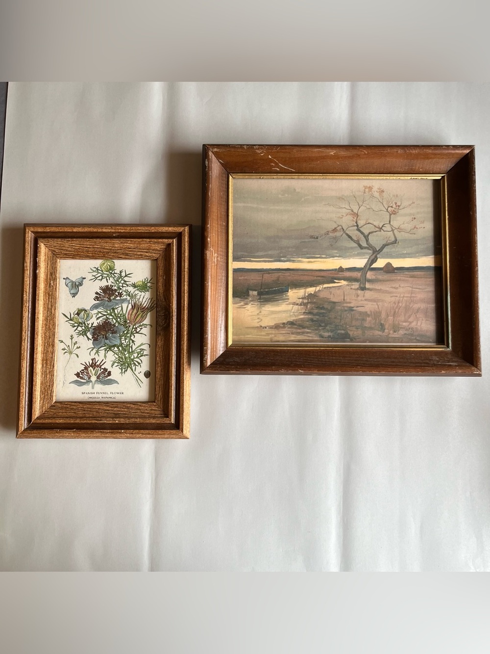 Vintage Wood Picture Photo Frames w/ Fine Art Prints-Set of 2